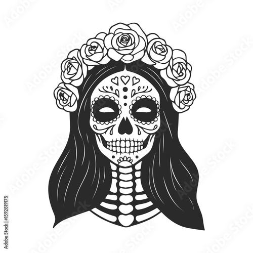 Sugar skull art: day of the dead female with floral crown