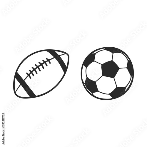 Black and white icons of american football and soccer balls