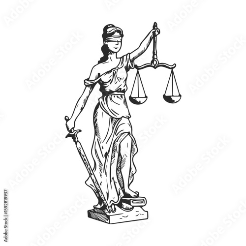 Lady justice illustration holding scales and sword in classical attire