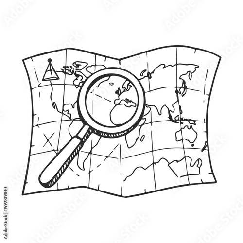 Black and white world map with magnifying glass illustration