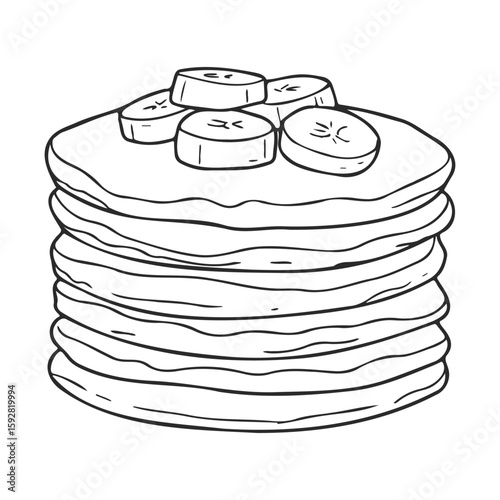 Stack of pancakes with banana slices line art - delicious breakfast illustration
