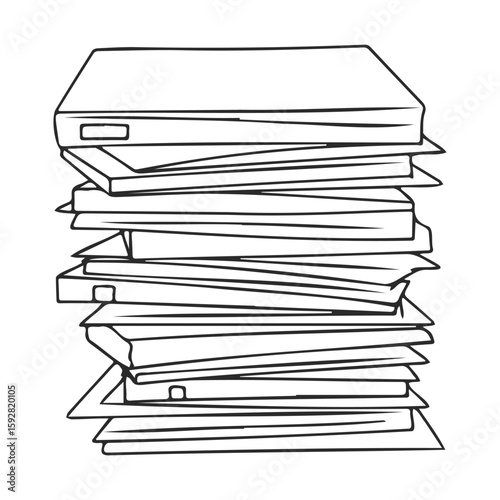 Black and white line art of towering stack of books and binders
