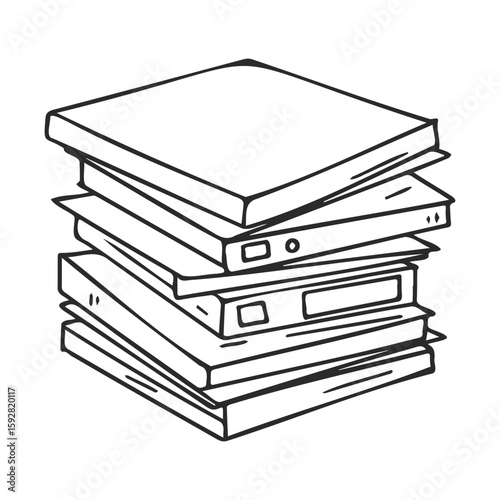 Stack of books and binders illustration in black and white with simple lines