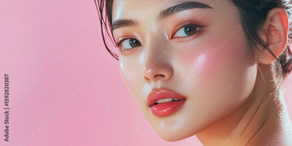 Fototapeta premium A young woman with makeup, wearing lipstick and eye shadow.