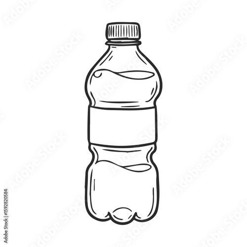 Hand-drawn plastic water bottle with label on white background