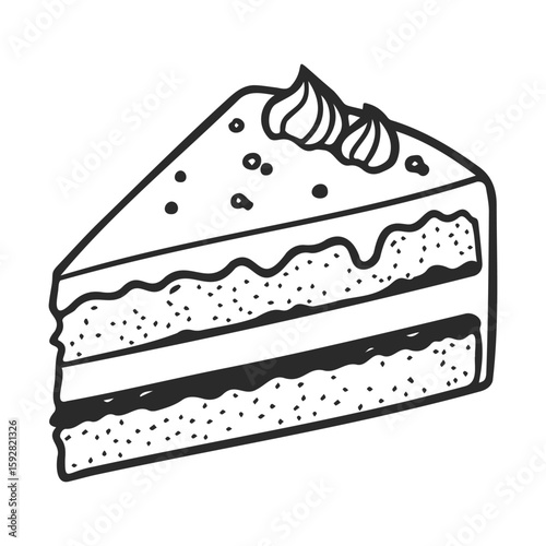 Black and white sketch of a layered cake slice with frosting and sprinkles