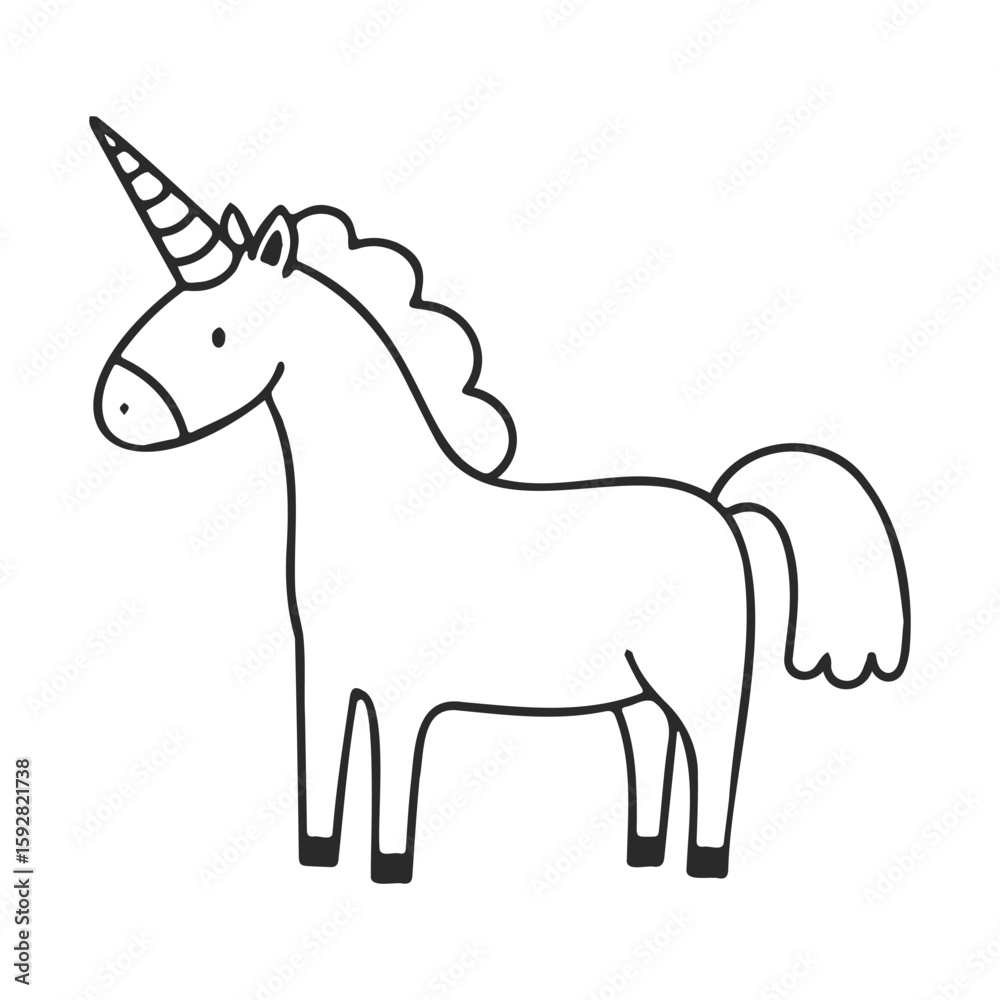 Fototapeta premium Simple black and white unicorn drawing with striped horn and flowing tail
