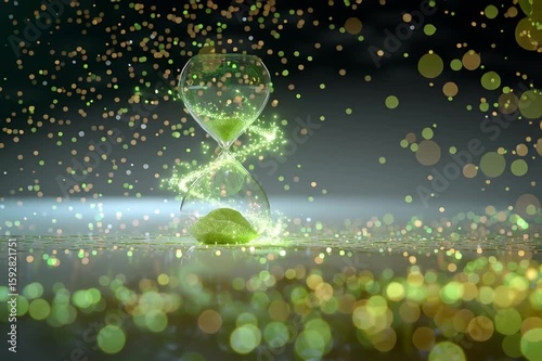 Futuristic green glowing hourglass with shimmering particles inside, rotating slowly as sand falls through. Abstract time concept with magical, sci-fi atmosphere. Loopable and visually captivating