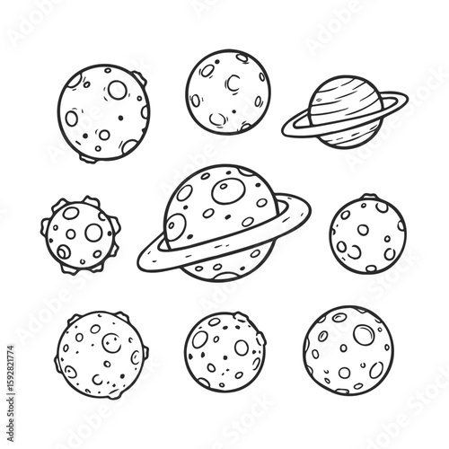Hand-drawn lunar and planetary illustrations with craters and rings