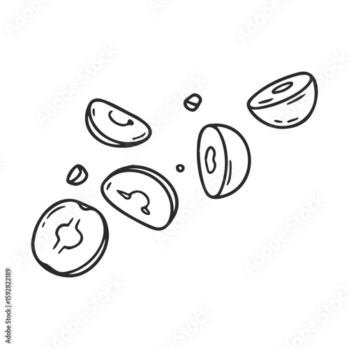 Black and white illustration of floating sliced peaches