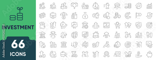 Investment Line Icon Set. Set of 66 outline icons including investor, risk management, financial growth, economy, profit, money, and coin symbols. Editable stroke. Linear vector illustration.
