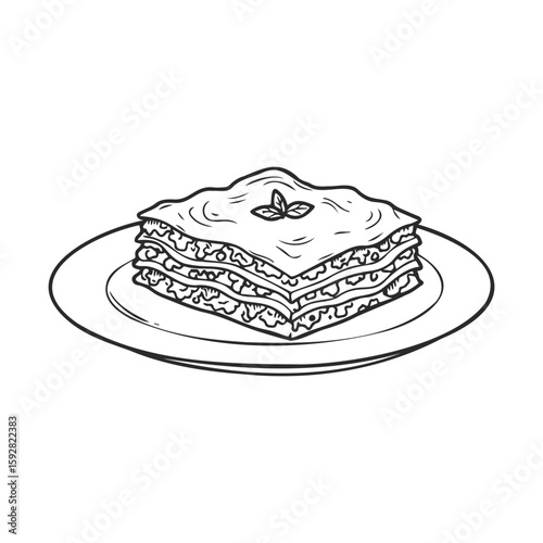 Monochrome illustration of lasagna slice on plate with basil garnish