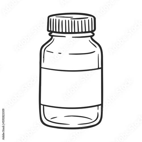 Empty medicine bottle illustration with blank label in black and white line art style