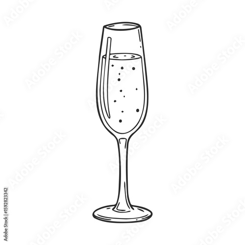 Elegant champagne flute with bubbly sparkling wine in black and white line art
