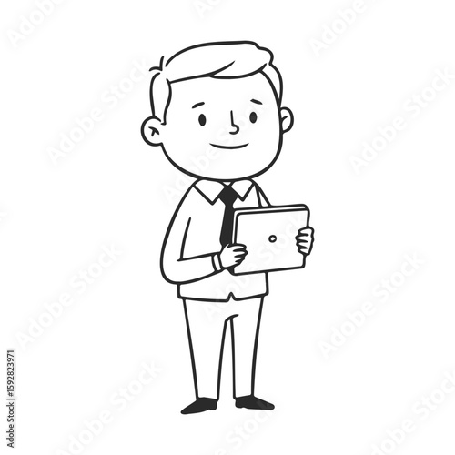 Cartoon male holding tablet in business attire