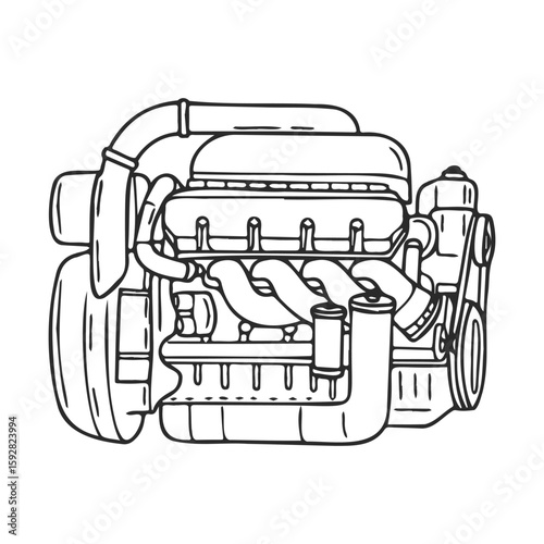 Detailed black and white line drawing of a car engine with complex components