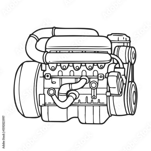 Detailed technical line drawing of a car engine with complex components