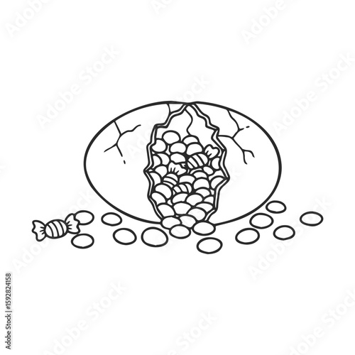 Black and white illustration of a cracked candy-filled chocolate egg