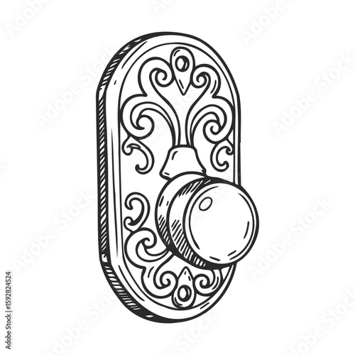 Ornate vintage door knob with decorative plate in black and white sketch style