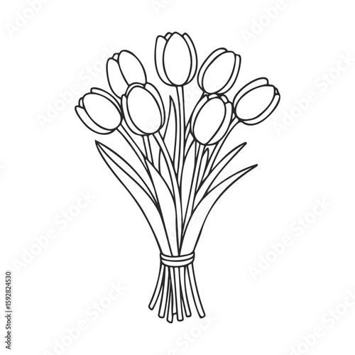 Minimalist black and white line drawing of a tulip bouquet