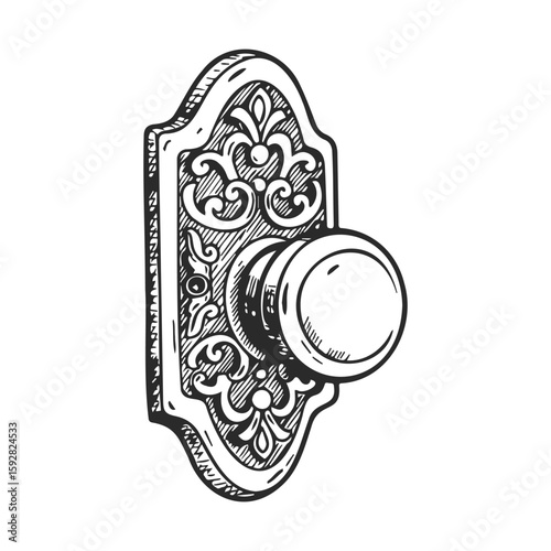 Vintage ornate door knob with decorative backplate in black and white illustration