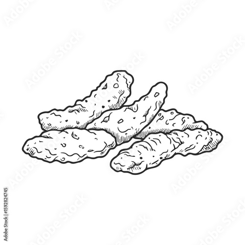 Black and white illustration of crispy battered fried fish strips in a heap