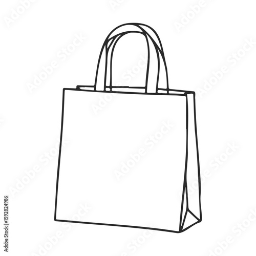 Minimalist black and white line drawing of a shopping bag