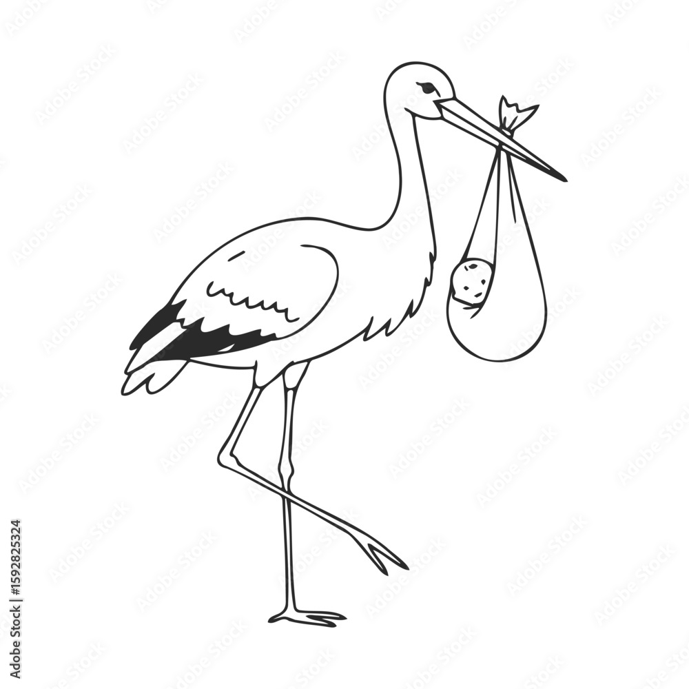 Obraz premium Stork carrying baby bundle line art illustration