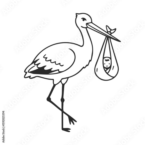 Stork delivering baby in sling cartoon illustration