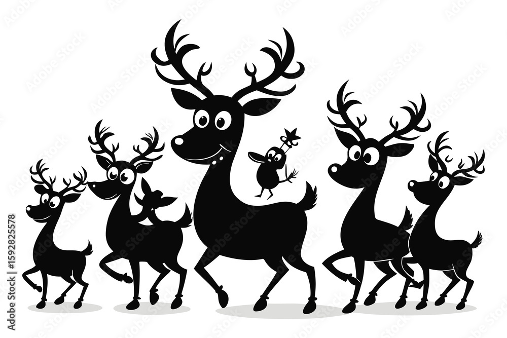 Fototapeta premium Black silhouette reindeer characters with a small creature