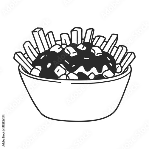 Black and white illustration of poutine with fries and gravy in a bowl