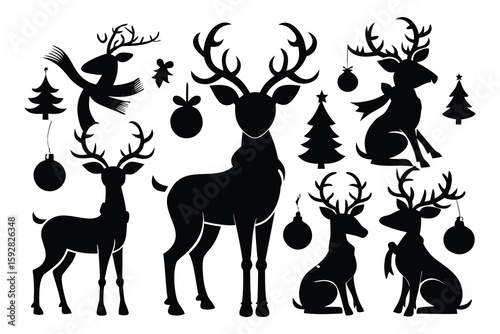 Christmas reindeer and tree silhouettes with ornaments