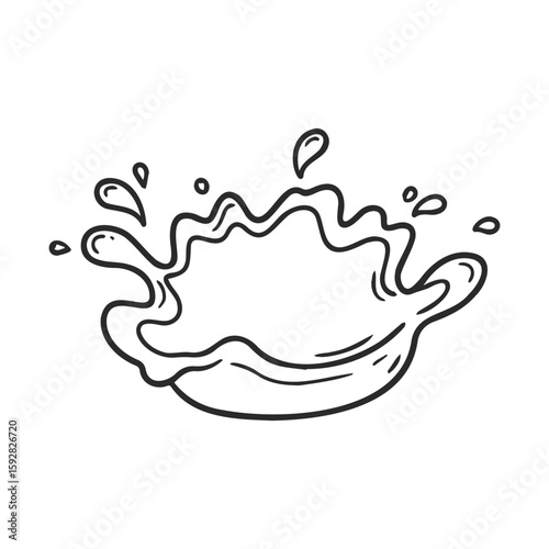 Black and white water splash line art drawing with droplets