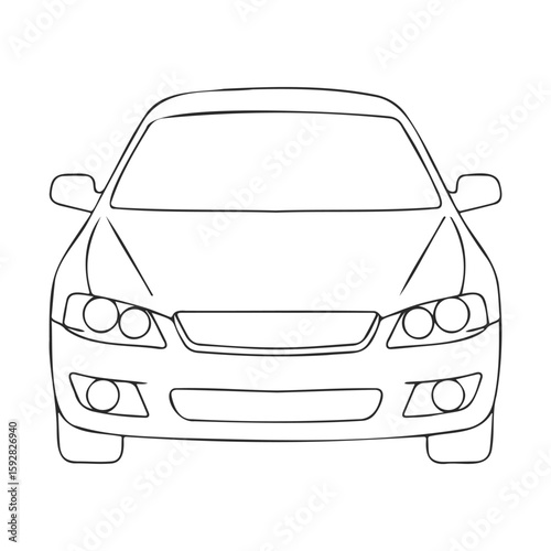 Front view line drawing of a sleek modern car with detailed headlights and grille