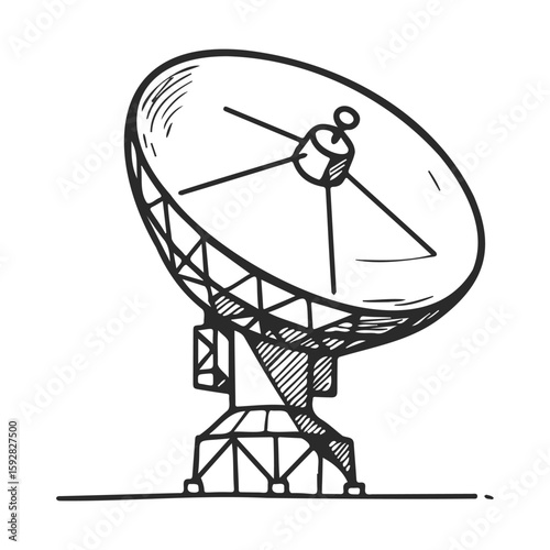 Monochrome drawing of large satellite dish antenna in detailed line art style