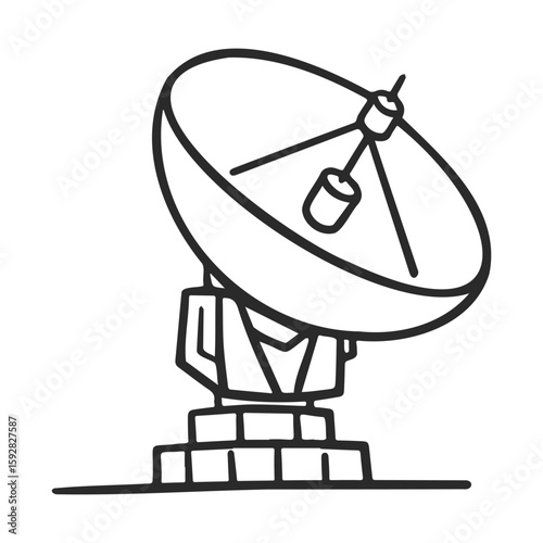 Monochrome illustration of a satellite dish with reflector and feed horn