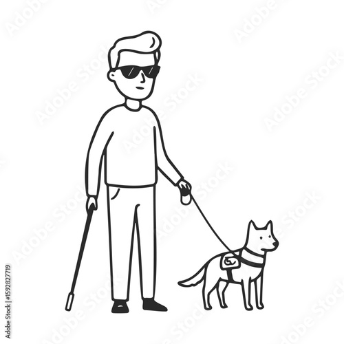 Blind male cartoon figure with guide dog and cane illustration
