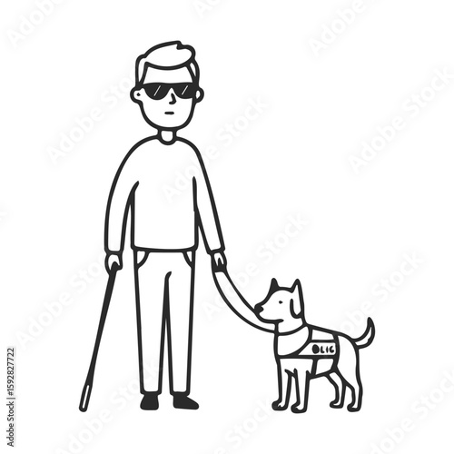 Blind caucasian male with guide dog and cane line art illustration