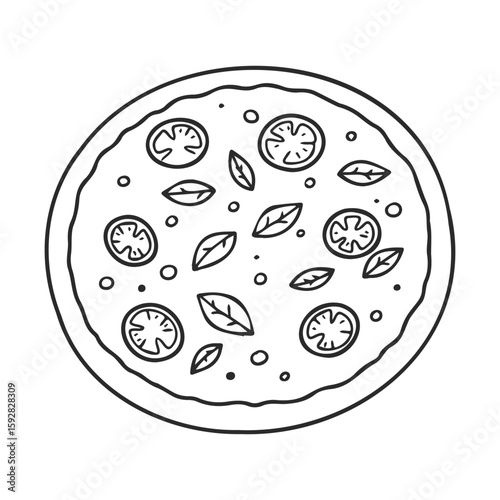 Outline drawing of a pizza with tomatoes and basil leaves