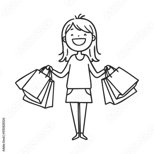 Happy female cartoon character shopping with bags