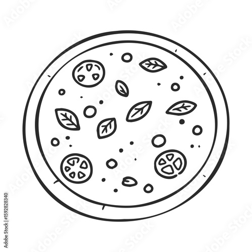 Monochrome pizza drawing with tomato slices and basil leaves