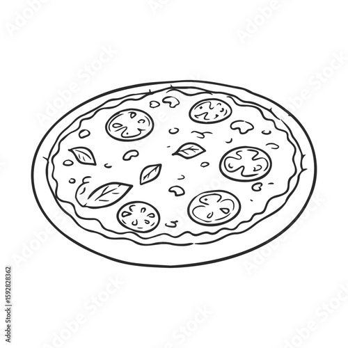 Hand-drawn pizza with tomato slices and basil leaves outline