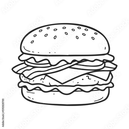 Hand-drawn black and white cheeseburger illustration with lettuce and tomato
