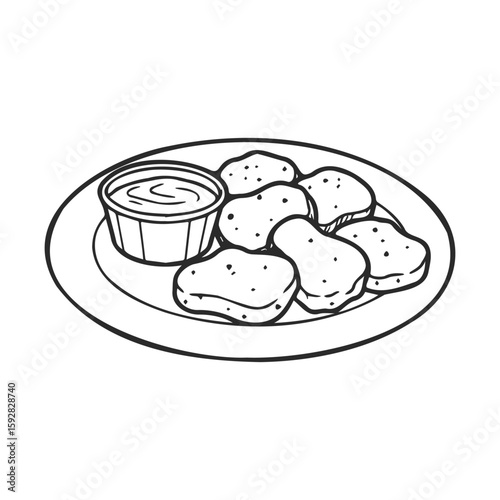 Chicken nuggets with dipping sauce on plate - monochrome line art drawing