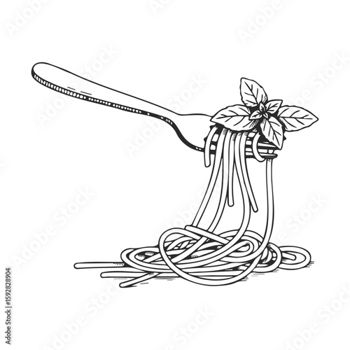 Black and white illustration of fork with spaghetti and basil leaves