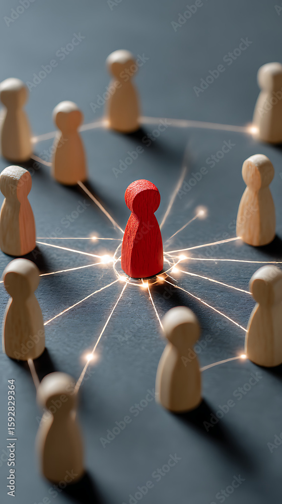 Obraz premium Red figure connected to wooden figures with glowing lines connection network