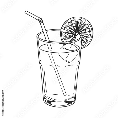 Black and white line art of a glass with a lemon slice and straw
