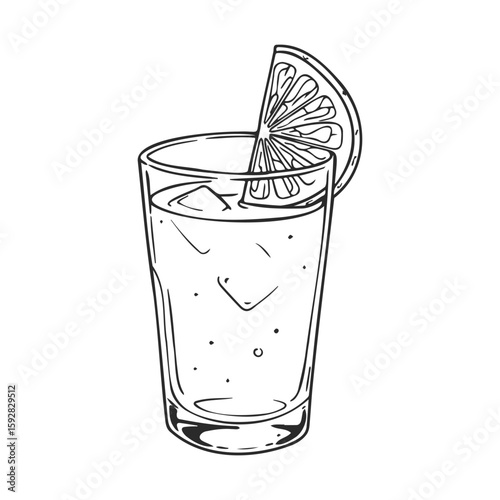 Hand-drawn lemonade glass with ice cubes and lemon slice