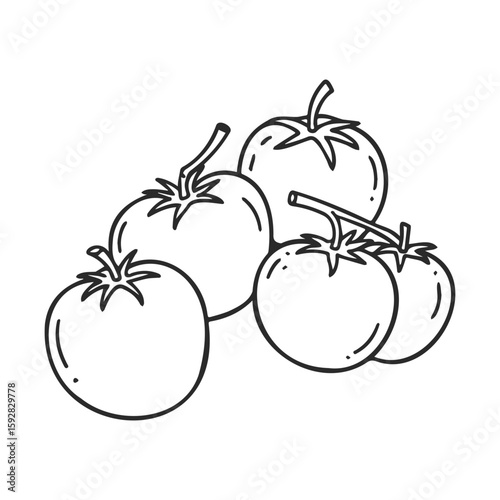 Hand-drawn black outline of four tomatoes on white background