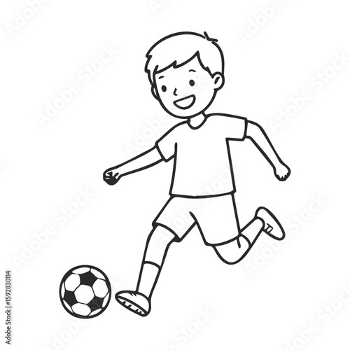 Cartoon young caucasian boy playing soccer illustration in black and white